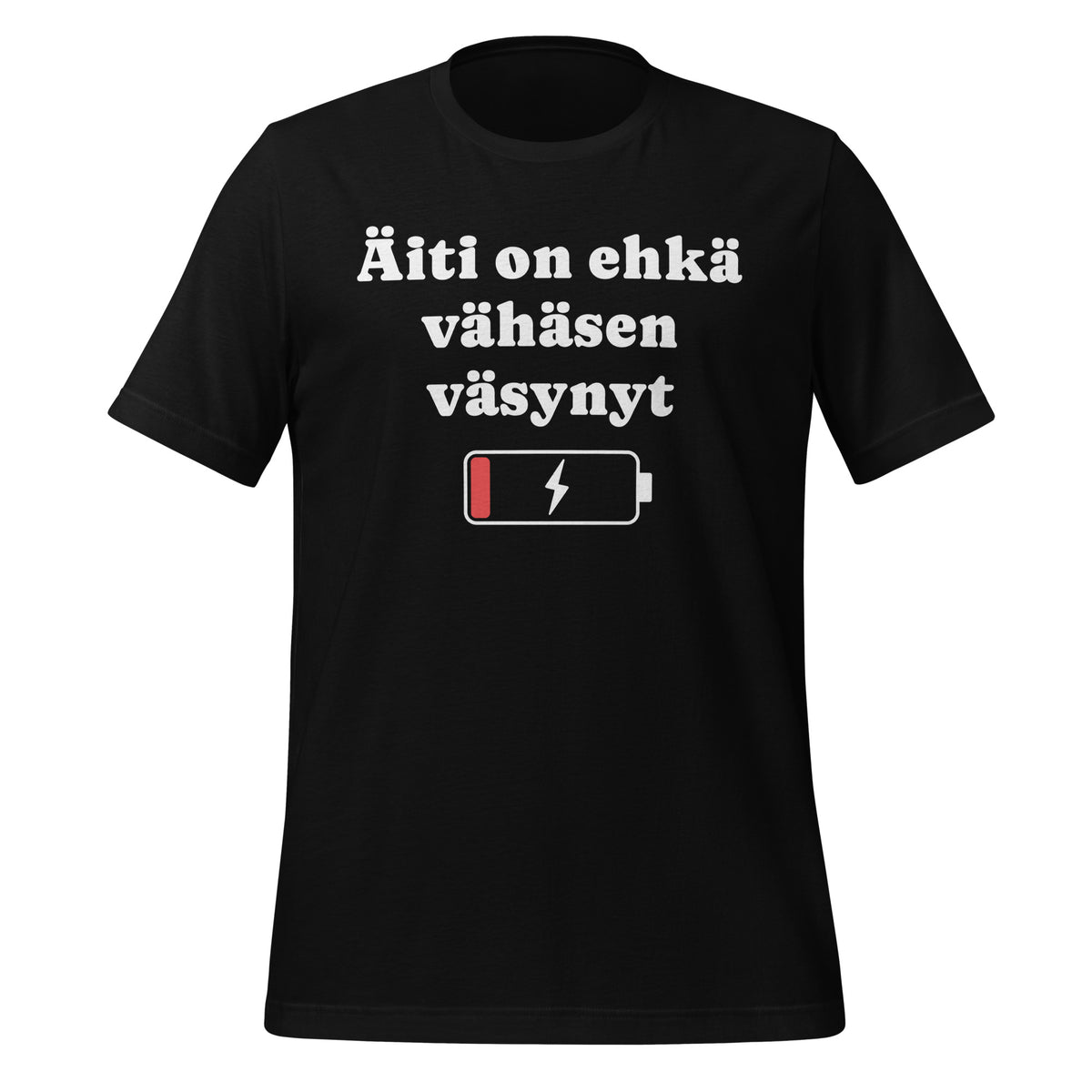 Musta t-paita jossa lukee ”Äiti on ehkä vähäsen väsynyt” ja tyhjä akkuikoni. Hauska ja samaistuttava lahja äidille.