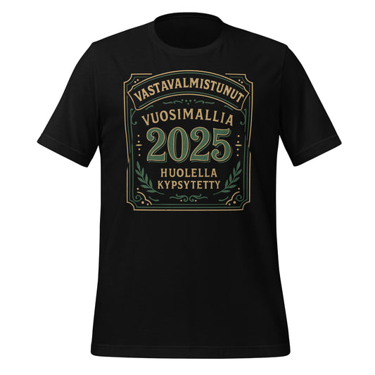 Vintage-henkinen etikettityylinen kuvitus, jossa teksti “Vastavalmistunut – vuosimallia 2025 – huolella kypsytetty”