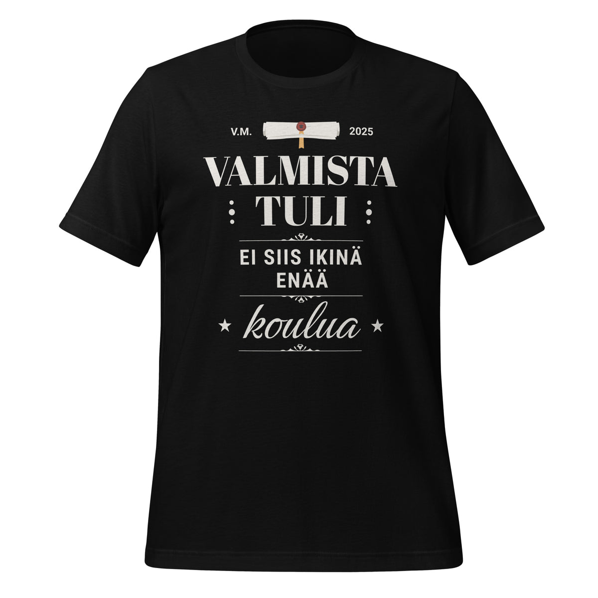 Fun unisex graduation t-shirt with text 'Valmista tuli - ei siis ikinä enää koulua' in stylish typography.