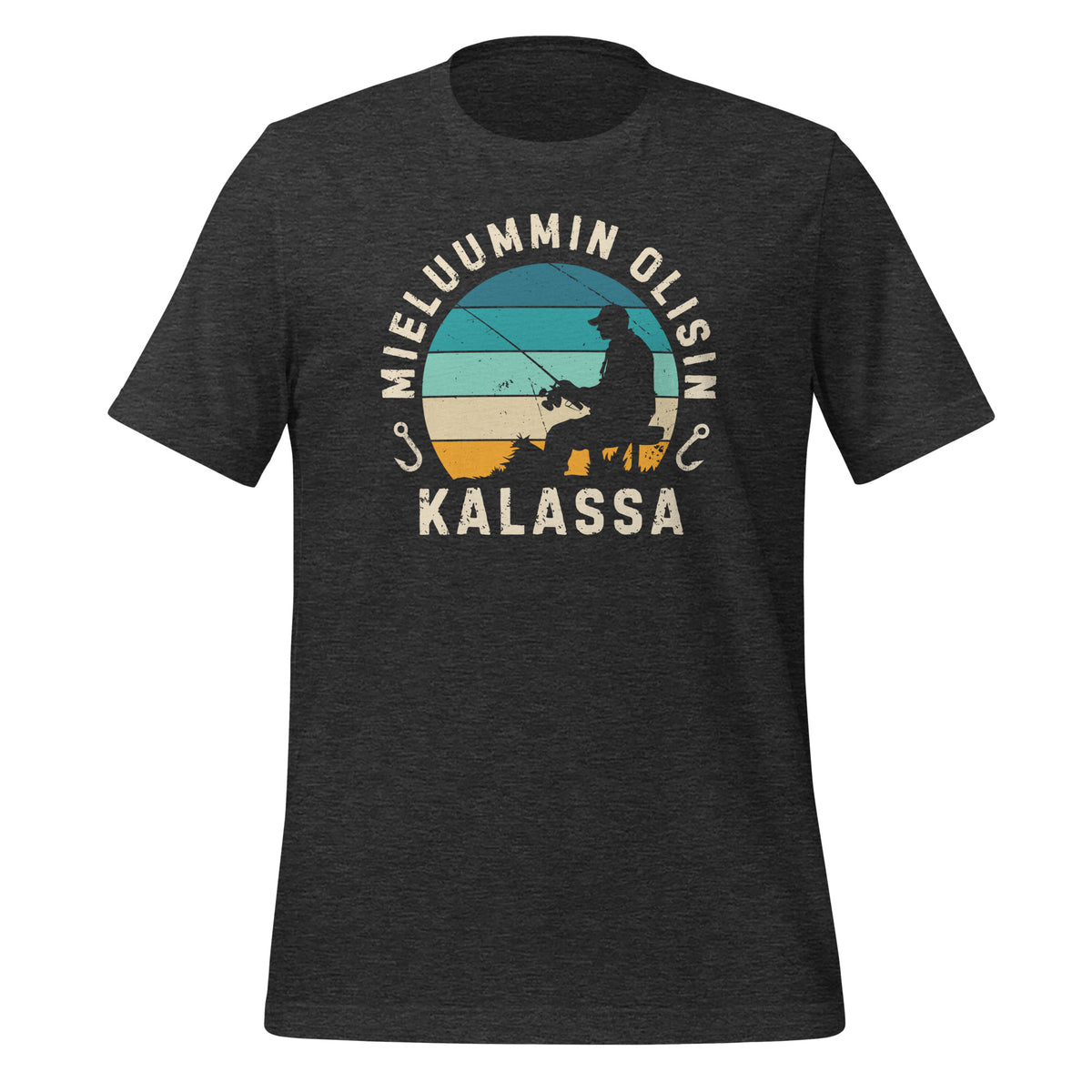 Mieluummin olisin kalassa harmaa
t-paita – retrohenkinen kalastajan siluetti auringonlaskussa.