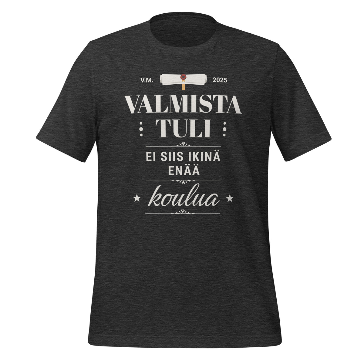 Hauska unisex t-paita 'Valmista tuli - ei siis ikinä enää koulua' valmistuneille, musta, koko M