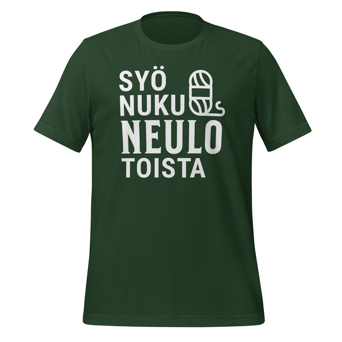 Vihre t-paita, jossa teksti 'Syö, nuku, neulo, toista' ja lankakerä – täydellinen lahja neulojalle.