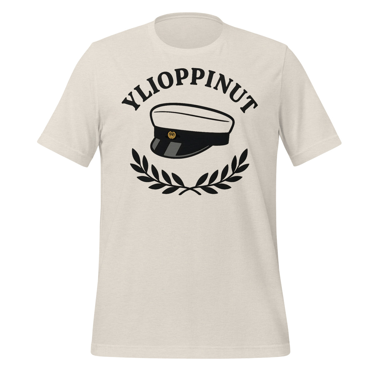 Mustavalkoinen ylioppilaslakki, laakeriseppele ja teksti “Ylioppinut” graafisessa kuvituksessa