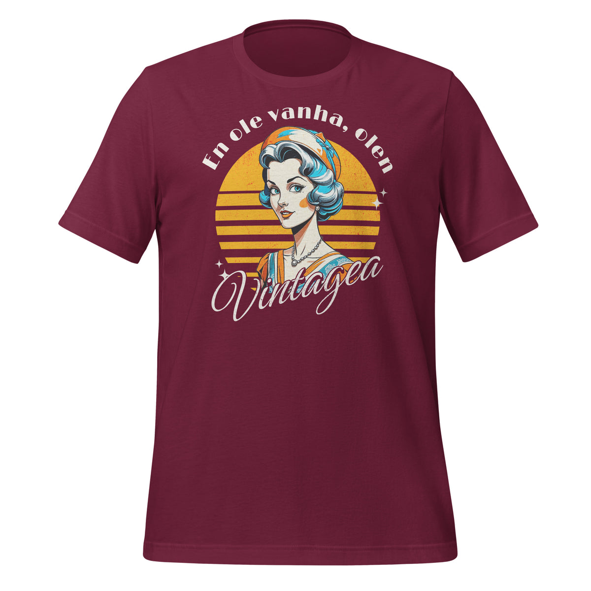  Retro viininpunainen t-paita, jossa vintage-nainen ja teksti: 'En ole vanha, olen Vintagea.' Täydellinen syntymäpäivälahja humoristiselle naiselle.