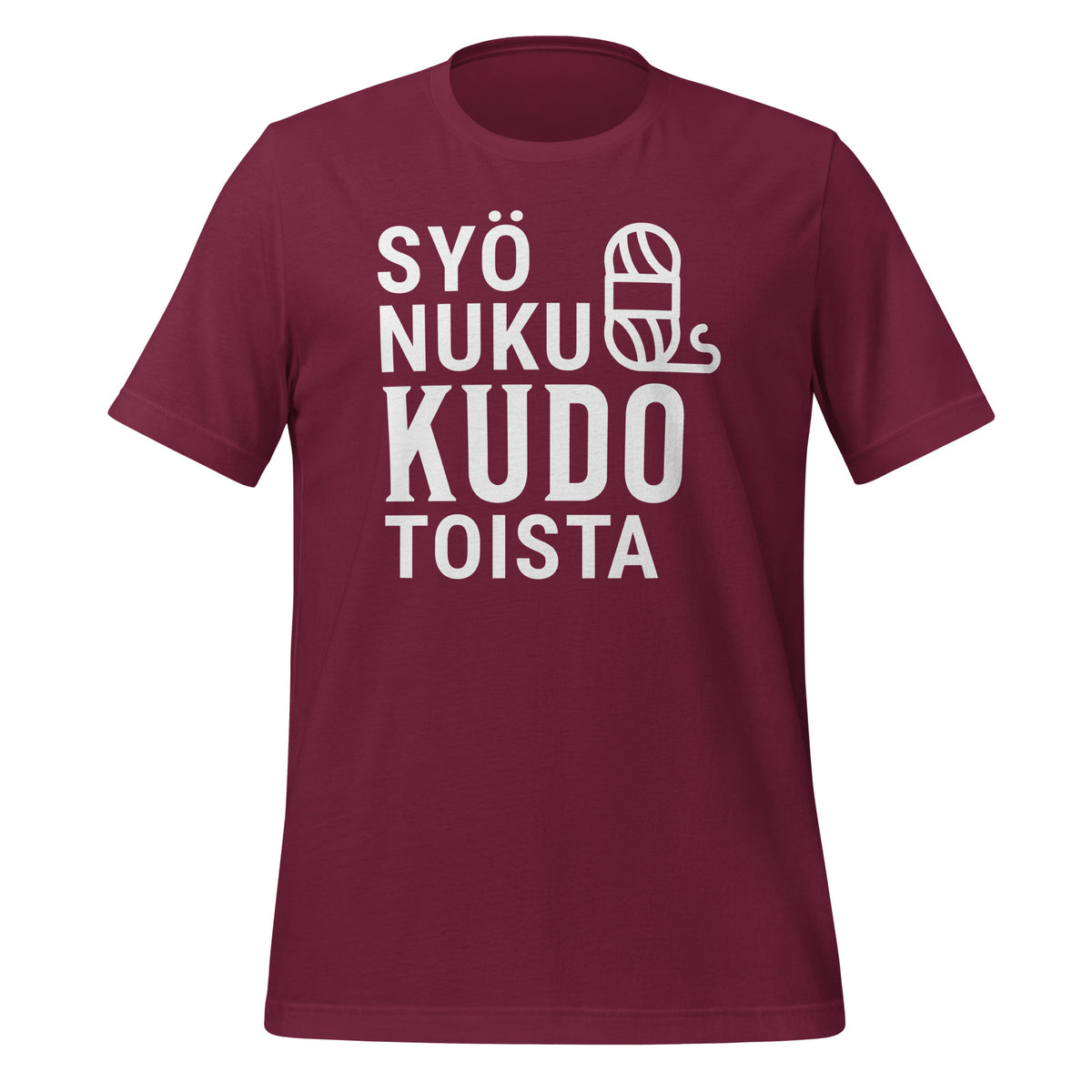 Viininpunainen t-paita, jossa teksti 'Syö, nuku, kudo, toista' ja lankakerä – täydellinen lahja kutojalle.