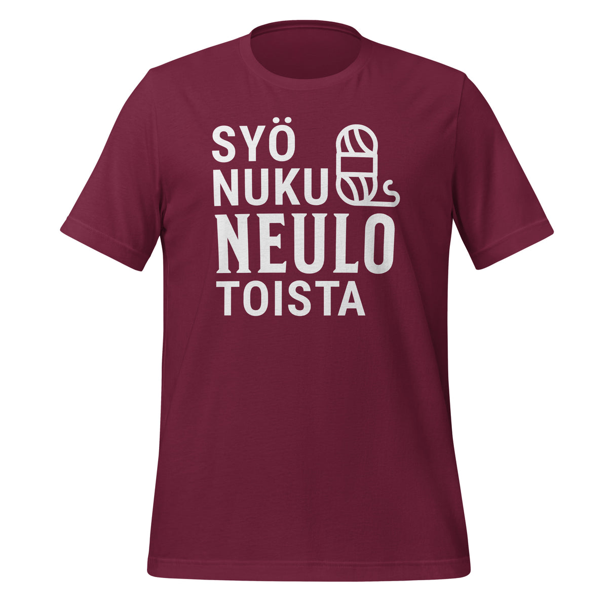Viininpunainen t-paita, jossa teksti 'Syö, nuku, neulo, toista' ja lankakerä – neulomisen ystävän paita.