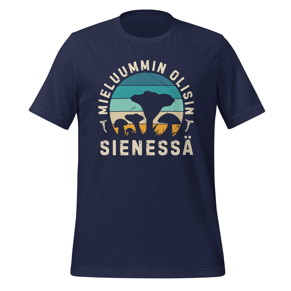 Sininen t-paita tekstillä "Mieluummin olisin sienessä" ja Retro grafiikalla sienistä.