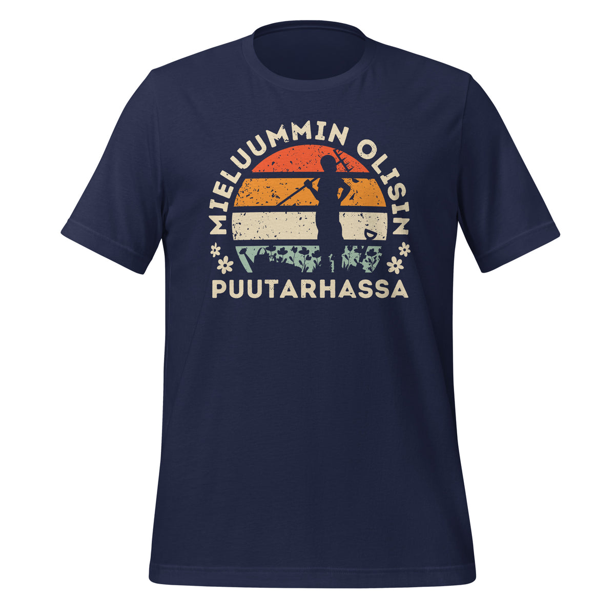 "Mieluummin olisin puutarhassa", retro auringonlasku - puutarhassa aikaa viettävälle. Sininen t-paita