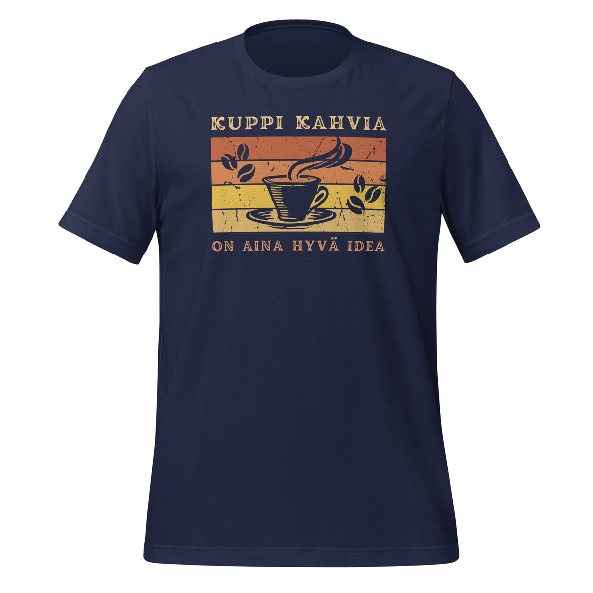 Laadukas sininen retro t-paita, jossa höyryävä kahvikuppi ja teksti: 'Kuppi kahvia on aina hyvä idea.' Sopii kahvin ystäville lahjaksi.