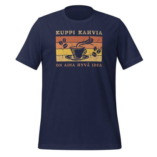 Laadukas sininen retro t-paita, jossa höyryävä kahvikuppi ja teksti: 'Kuppi kahvia on aina hyvä idea.' Sopii kahvin ystäville lahjaksi.