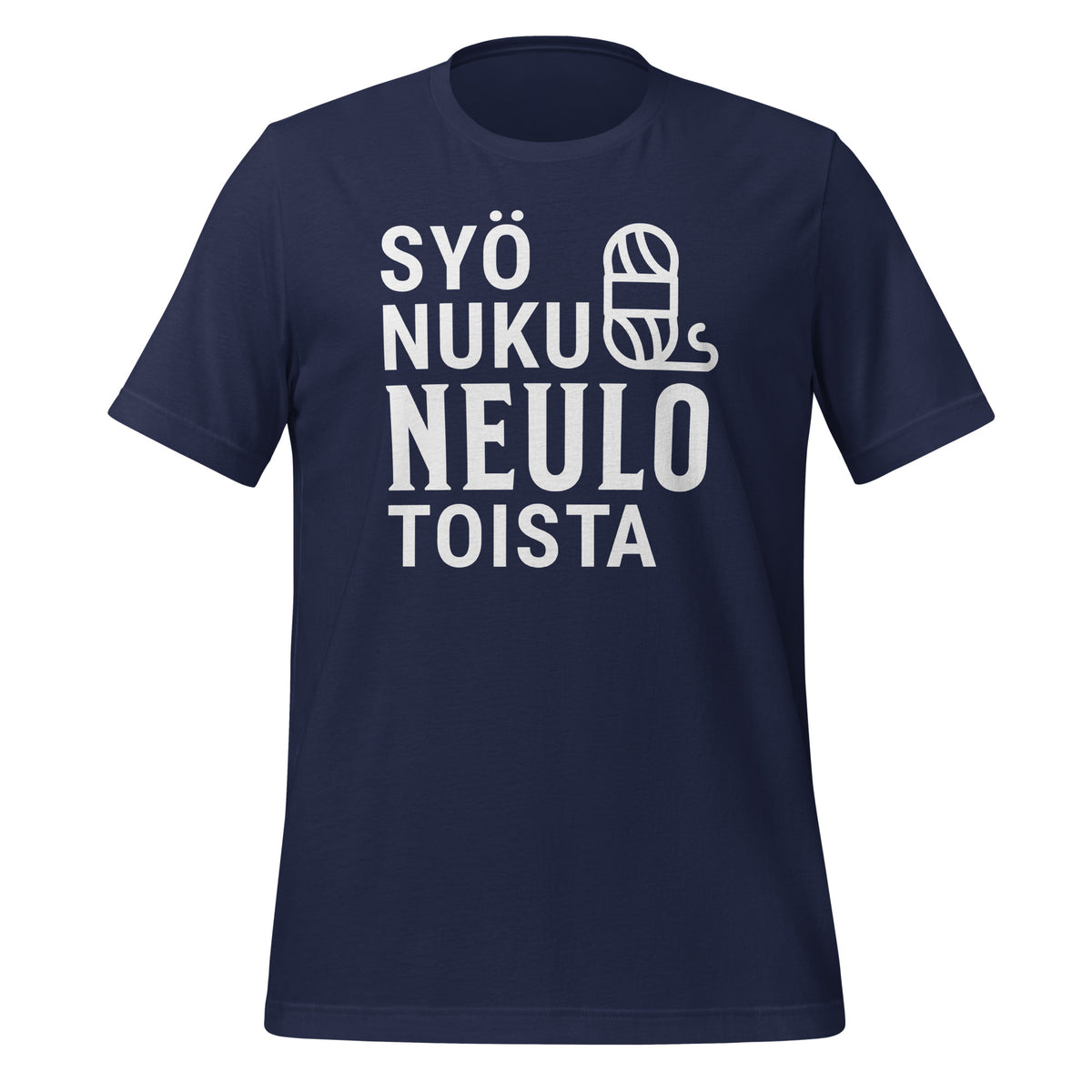 Sininen t-paita, jossa teksti 'Syö, nuku, neulo, toista' ja lankakerä – suunniteltu neulojille.