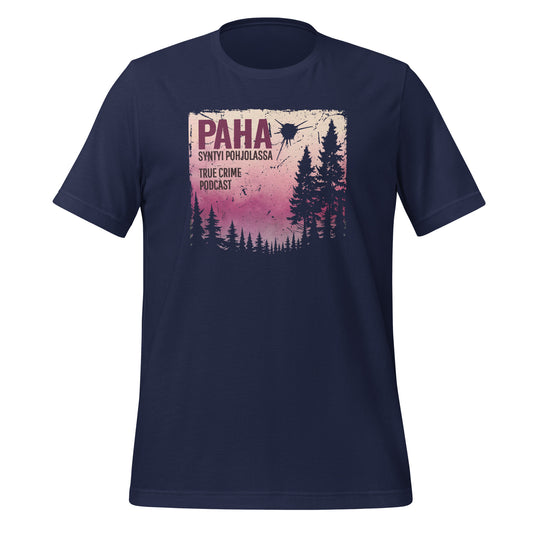 Pramiat x Paha syntyi pohjolassa - sininen t-paita, jossa synkkä metsä ja purppurainen gradientti. Suomalainen true crime -design.