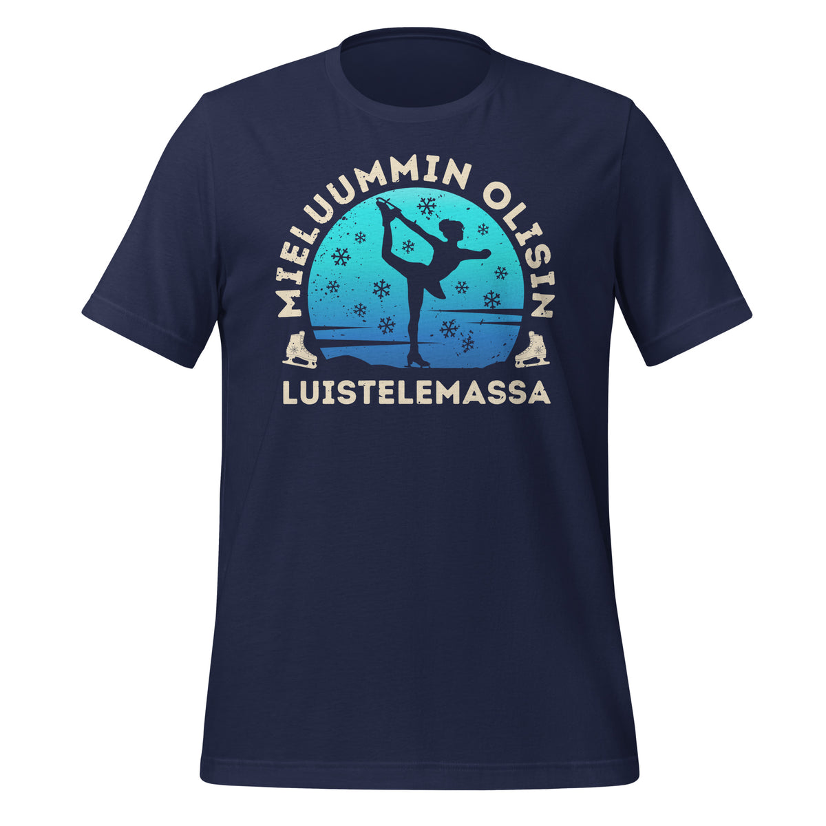 Sininen t-paita, jossa teksti "Mieluummin olisin luistelemassa", taitoluistelijan siluetti ja lumihiutaleita