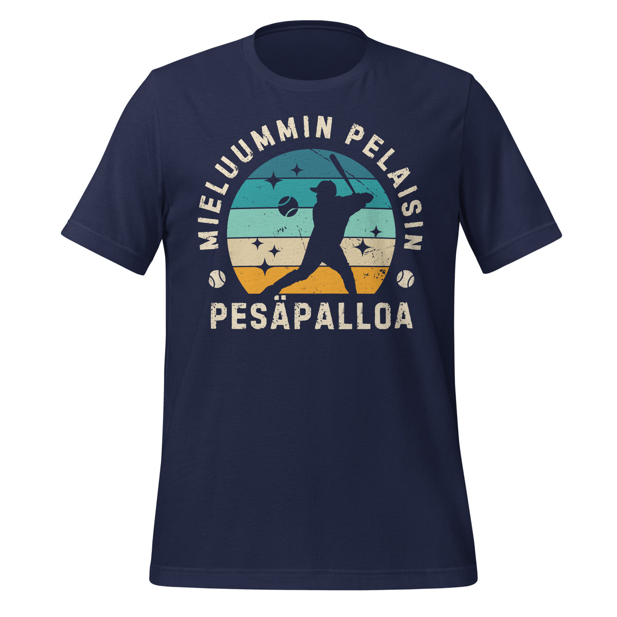 Retrokuvituksella varustettu pesäpallopaita, jossa pelaajan siluetti ja värikäs taustaraita. Sopii pesishulluille vapaa-aikaan tai treeneihin.