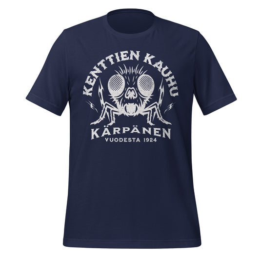 Kärpänen t-paidassa uhkaavalla ilmeellä ja sähäkkä tyyli. Pesistermistä inspiraationsa saanut fanipaita rock-henkisellä otteella.