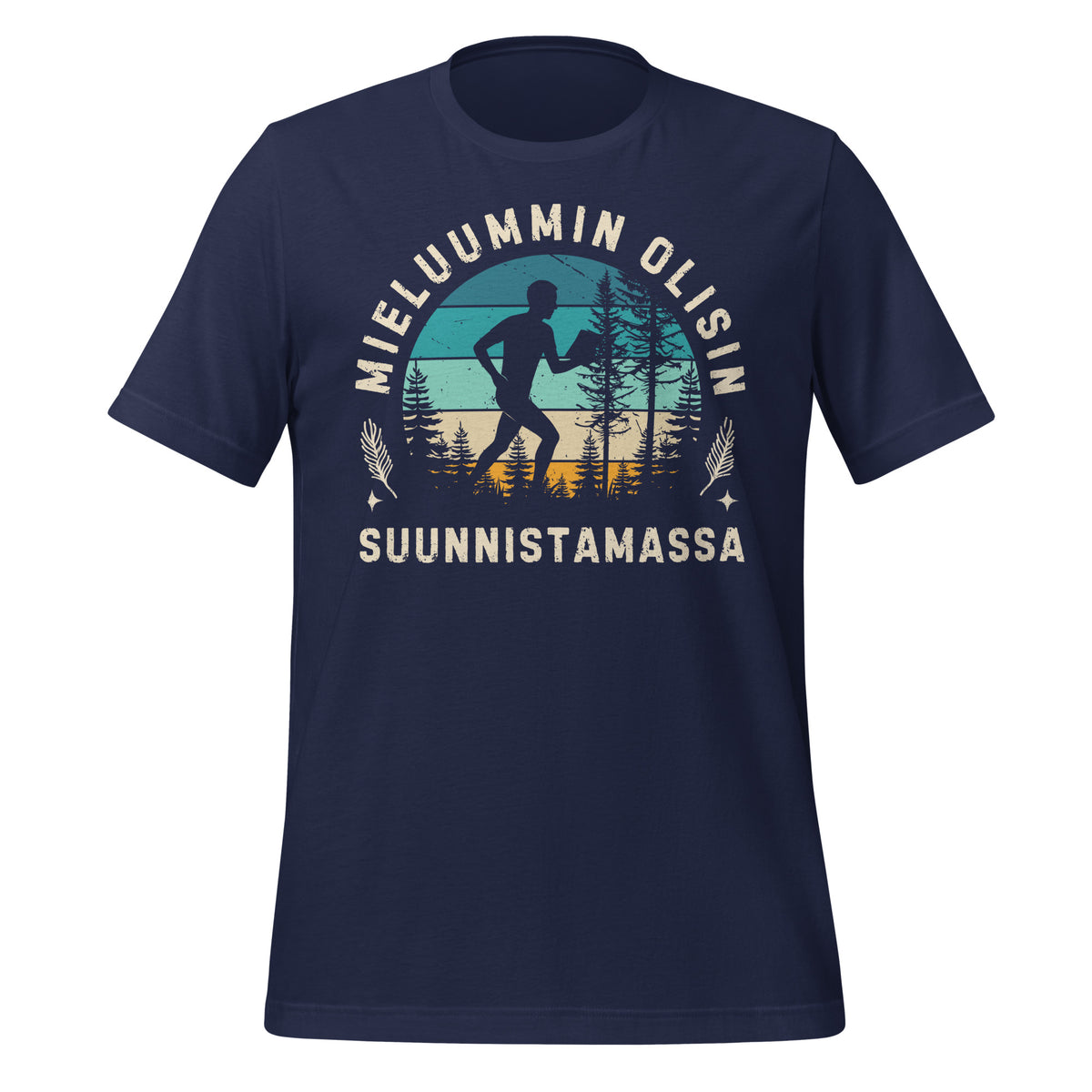 Miehille suunnattu suunnistuspaita, jossa teksti “Mieluummin olisin suunnistamassa” ja tyylikäs metsäkuvitus