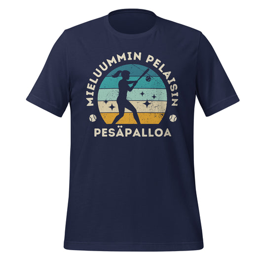 Retrohenkinen pesäpallopaita naispelaajalle, jossa maila, pallo ja värikäs tausta